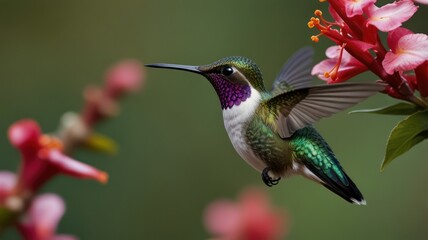 Fototapeta premium Hummingbird in flight near red flowers.