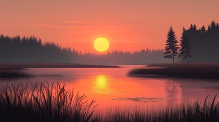 Obraz premium A serene sunset over a tranquil lake, surrounded by trees and gentle grassland.