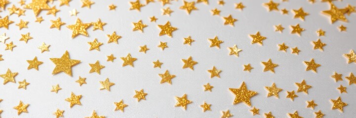 Gold glitter star shapes scattered on a shiny metallic surface, glitter, gold
