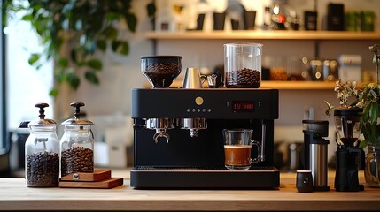 Coffee brewing equipment, warm coffee cup beside machine