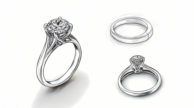 Prototype and sketch of white gold engagement ring with diamond. hand draw sketch illustration isolated on white background. Resonance. Illustration