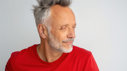 Obraz premium A charming greyhaired man in a casual tee exudes confidence with a natural smile and relaxed profile pose against a white backdrop.