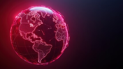 Fototapeta premium Futuristic Digital Globe With Red Neon Lines Displaying World Map and Global Network Connections
