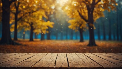 Golden autumn leaves surround a rustic wooden table in the forest