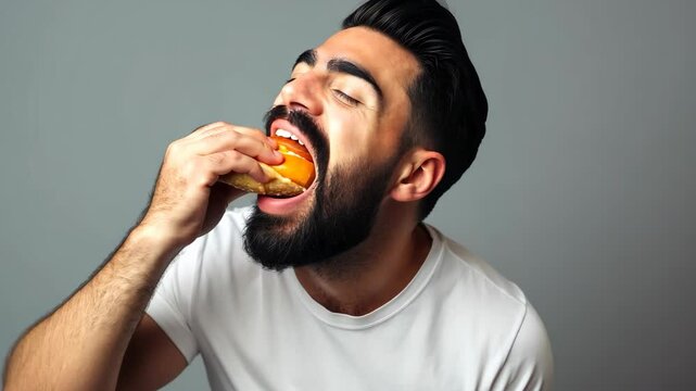 Caucasian man in 3s enjoying tacos.