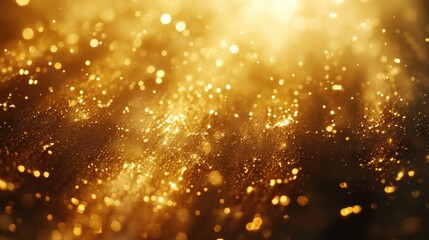 Obraz premium Golden glitter particles and bokeh lights on a dark background, creating a sparkling, festive effect.
