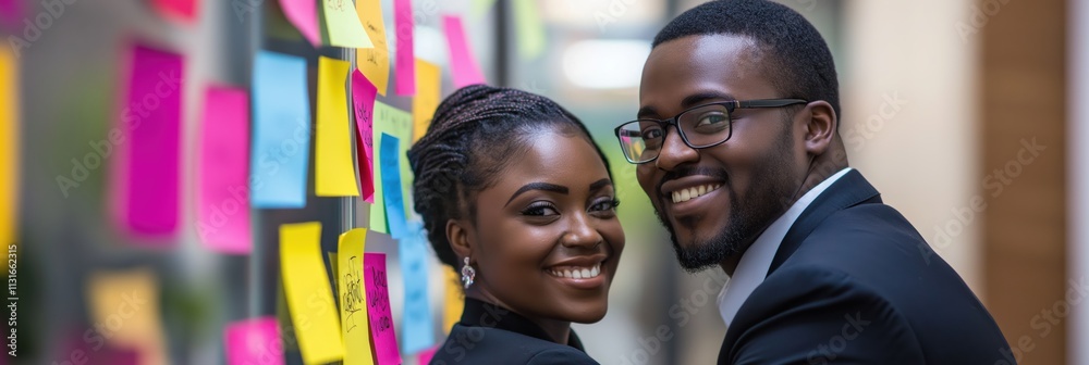 Poster in a vibrant workspace, two professionals exchange smiles as they review colorful sticky notes on a 