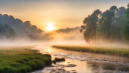 Sunrise over a misty river landscape in a tranquil setting