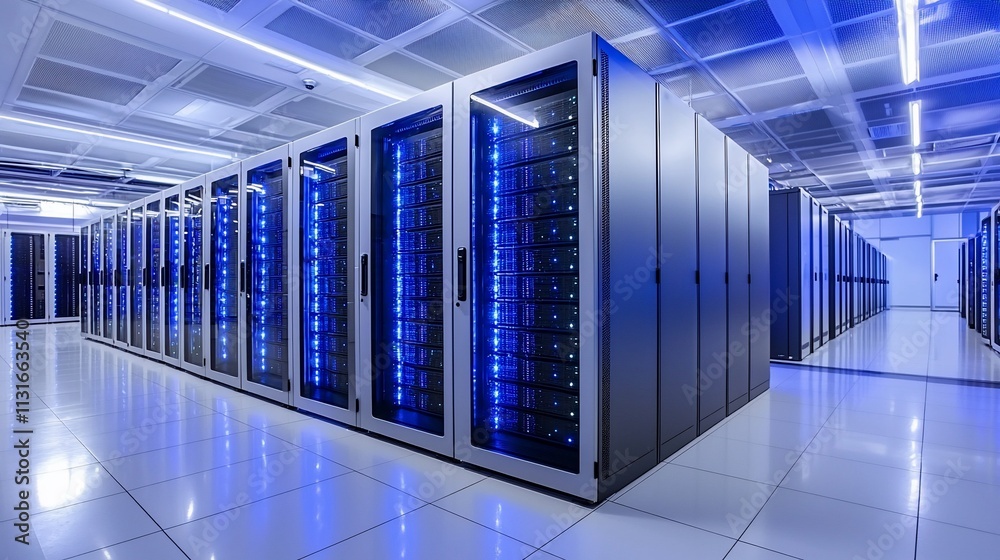 Poster Modern data center with rows of servers.