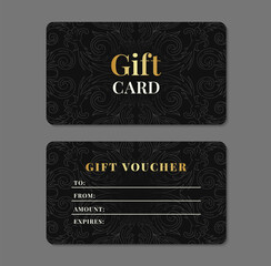 Dark ornate card with golden text. Black elegant classic design with retro baroque ornament. Vintage style gift voucher template. EPS 10 vector illustration.