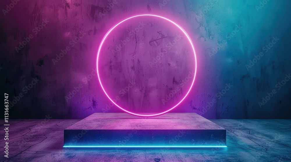 Wall mural step into a dark, futuristic alien spaceship featuring neon lights and a reflective stage designed f