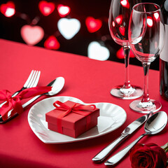 Valentines Day Dinner - Red Table Setting With Lights