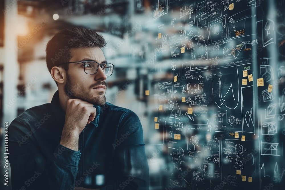 Poster a thoughtful man analyzes complex data and charts, immersing himself in strategic goal setting and p