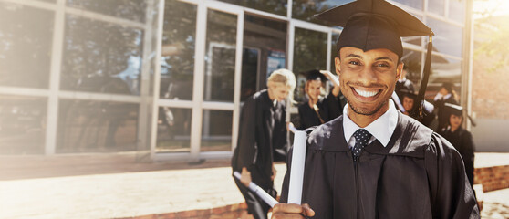Portrait, happy man and celebrate graduation with certificate for education achievement at college....