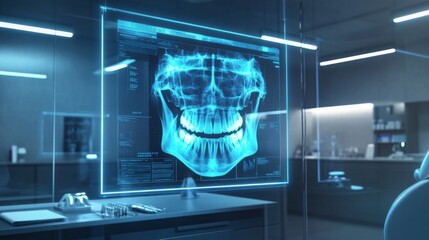 A dental professional uses advanced digital technology to analyze a 3D X-ray of a patient's skull, in a modern dental clinic filled with futuristic equipment and screens.