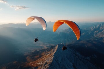 Two paragliders soaring above majestic mountains during sunset with a breathtaking landscape in the background