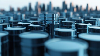 Obraz premium Oil barrels forming an intricate pattern amidst a city skyline industrial scene urban environment aerial view modern industry concept
