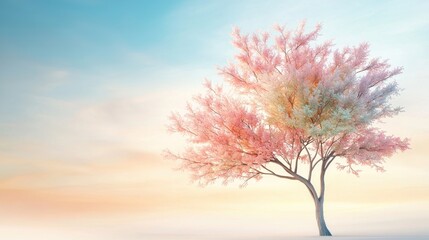 A tree with soft, muted shades of pink, lavender, and pale green stretching gracefully towards the sky, its delicate leaves swaying gently in the breeze.