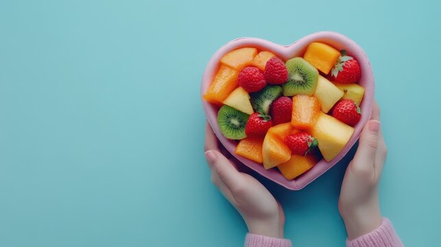 Vibrant fruit salad in heart design bowl, filled with a mix of fresh fruits such as giwi, strawberries and melon on blue background.