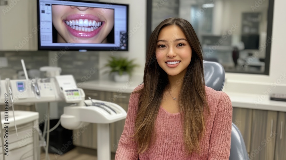 Aufkleber a patient sits in a modern dental office, smiling broadly. behind her, an ai-generated image of a br