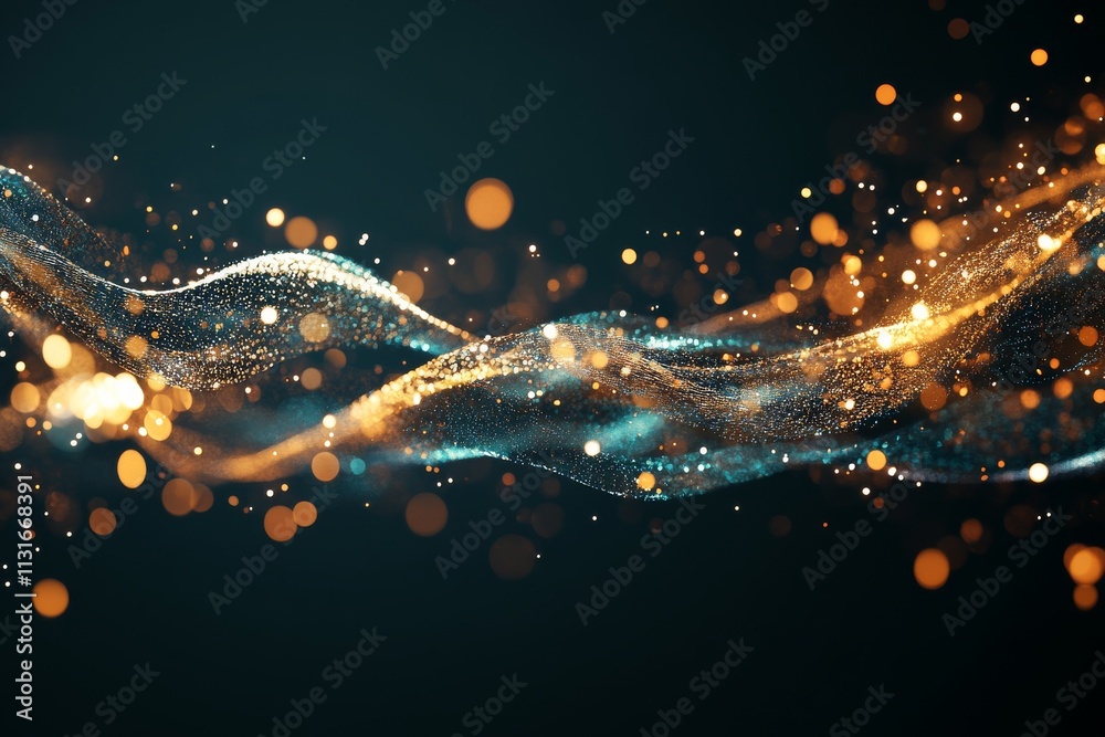 Poster flowing particles create an enchanting display of light and color in a dark background