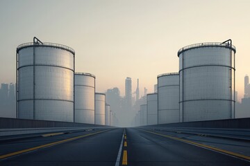 Obraz premium Towering oil silos amidst a modern transport hub urban landscape industrial photography early morning light aesthetic perspective for seo impact