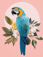 Obraz premium A blue and yellow macaw surrounded by tropical flowers and leaves. Parrot in collage style.