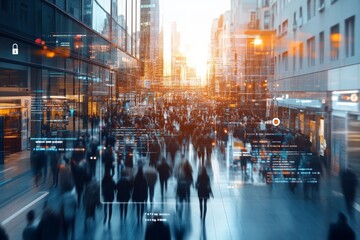 Obraz premium Busy urban street filled with pedestrians and digital overlays during sunset in a modern city