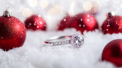 Obraz premium A diamond ring displayed with red christmas ornaments and a snowy, festive background. Resonance. Illustration