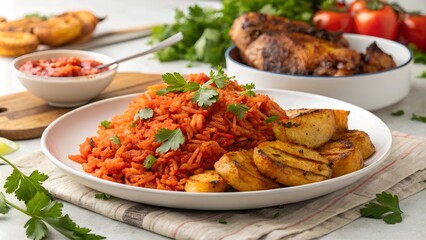 Jollof Rice with fried plantains and grilled chicken on a white plate