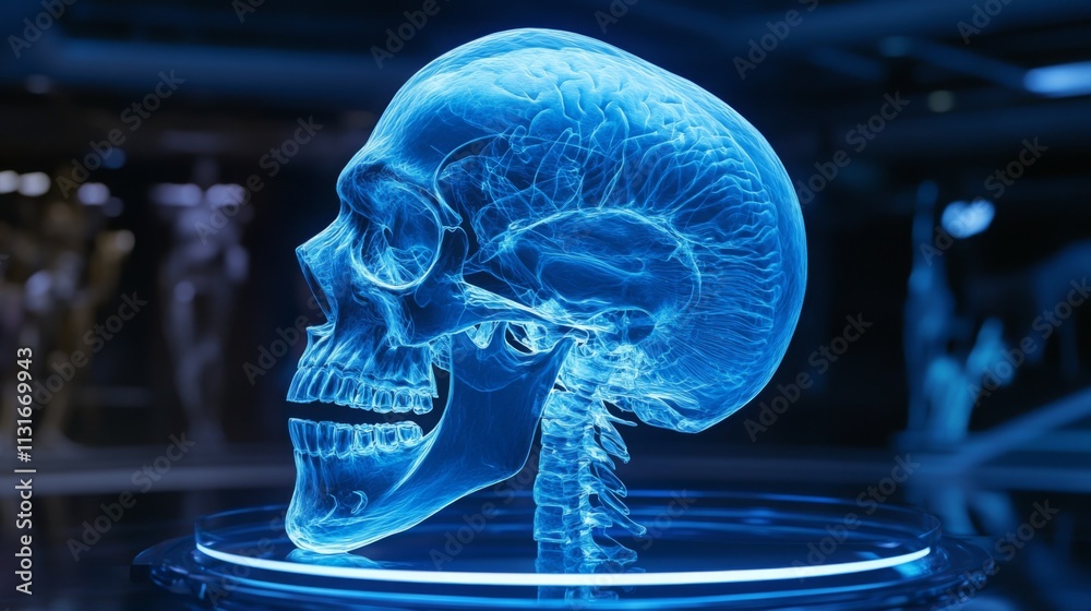 Poster illuminated digital model of a human skull highlights the intricate details of dental anatomy and st