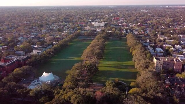 Aerial view of neighborhoods in historic Savannah, Georgia, including Forsyth Park.