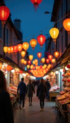 Fototapeta premium night market scene with colorful lanterns hanging above busy streets