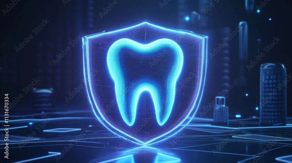 Aufkleber A digital shield featuring a stylized tooth symbol demonstrates the integration of artificial intelligence in healthcare.