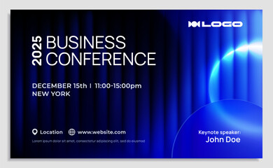 Business conference invitation. Modern style banner or poster template with geometric shapes, light effects and copy space for text. Design for print. Futuristic neon vector illustration