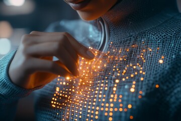User interacting with innovative smart fabric displaying vibrant patterns in a high-tech environment during evening