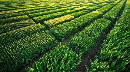 Fototapeta premium A stunning aerial view of a lush green cornfield stretching into the horizon under a golden sunset, showcasing the beauty of agricultural landscapes.