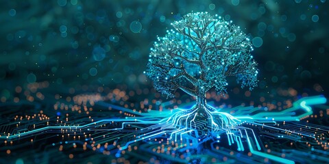A luminous tree with radiant circuit-like branches glowing in intricate patterns, creating a futuristic and enchanting display of light, combining nature with a modern technological aesthetic