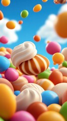 An array of whimsical, colorful candies float amidst a pastel blue sky with soft clouds, evoking feelings of joy and playfulness in a surreal dreamscape.