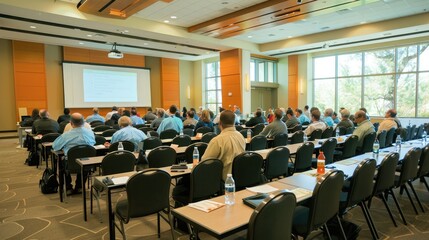 Business professionals gathered at seminar listening to a presentation in a conference room