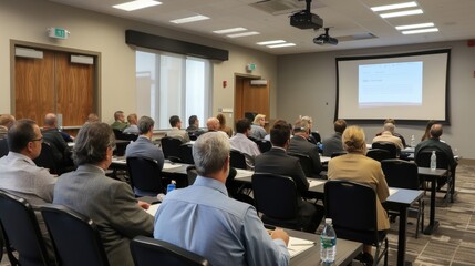 Fototapeta premium Business professionals gathered at seminar listening to a presentation in a conference room