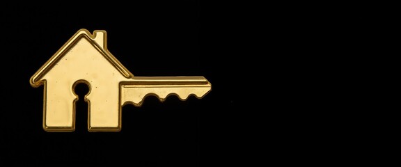 Golden House-Shaped Key Representing Home Ownership Against Black Background with Copy Space