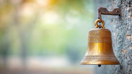 Obraz premium The brass bell hangs elegantly on the wall, with intricate carvings adorning its surface and a rich, golden hue that gleams in the light