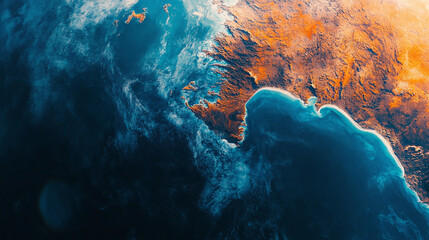 Aerial drone view satellite photography of planet earth geography map with ocean or sea coast and land. blue and orange global overview image, continent picture from space, terrain environment.