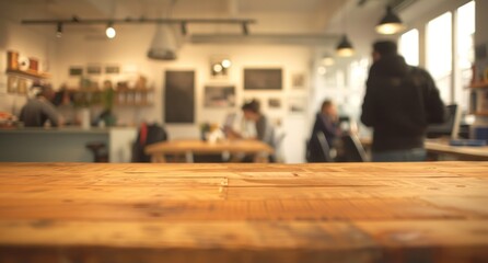 selective focus.Counter top cafe bar,wood texture table with blur people sitting in modern working space.