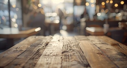 selective focus.Counter top cafe bar,wood texture table with blur people sitting in modern working space.