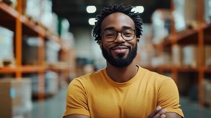 Obraz premium A joyful man with a beard and glasses, wearing a yellow shirt, is depicted standing contently in an organized warehouse background, radiating happiness and success.