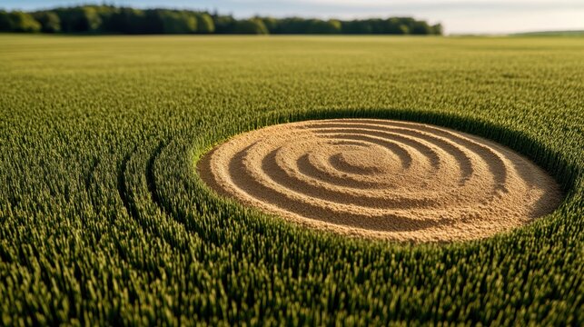 This aerial view showcases a fascinating concentric circle pattern within a verdant field, capturing a sense of natural symmetry and human art. - Powered by Adobe