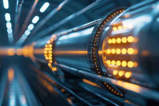 Energy in motion hyperloop technology utilizing oil barrels for high-speed travel futuristic tunnel environment dynamic perspective