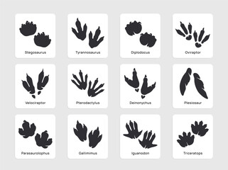 Dinosaur paw set. Paleontology icons with dino black silhouette footstep or lizard footprint. Paw shapes of ancient animals and creatures. Flat vector illustration collection